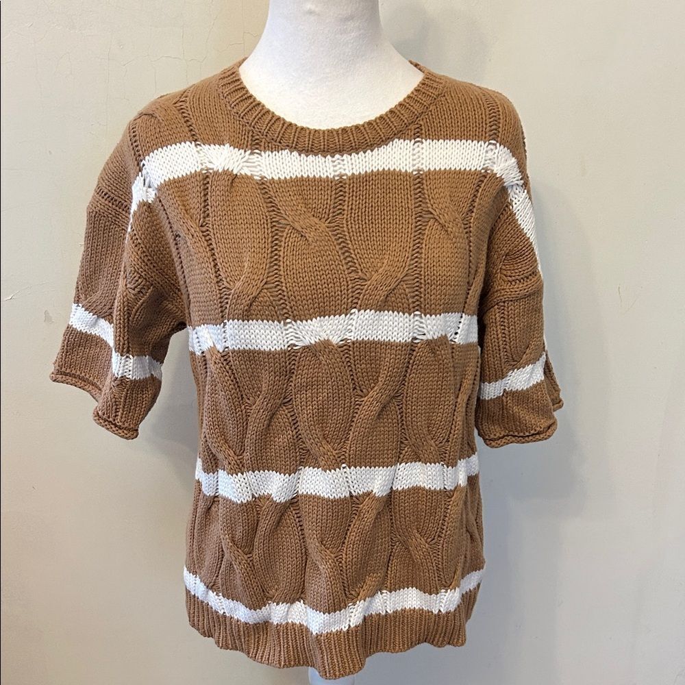 Caracalia brown white short sleeve cable knit sweater Size M New
